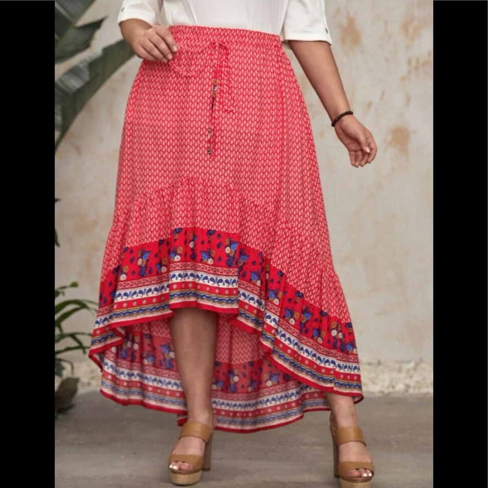Plus Floral Print High Low Skirt